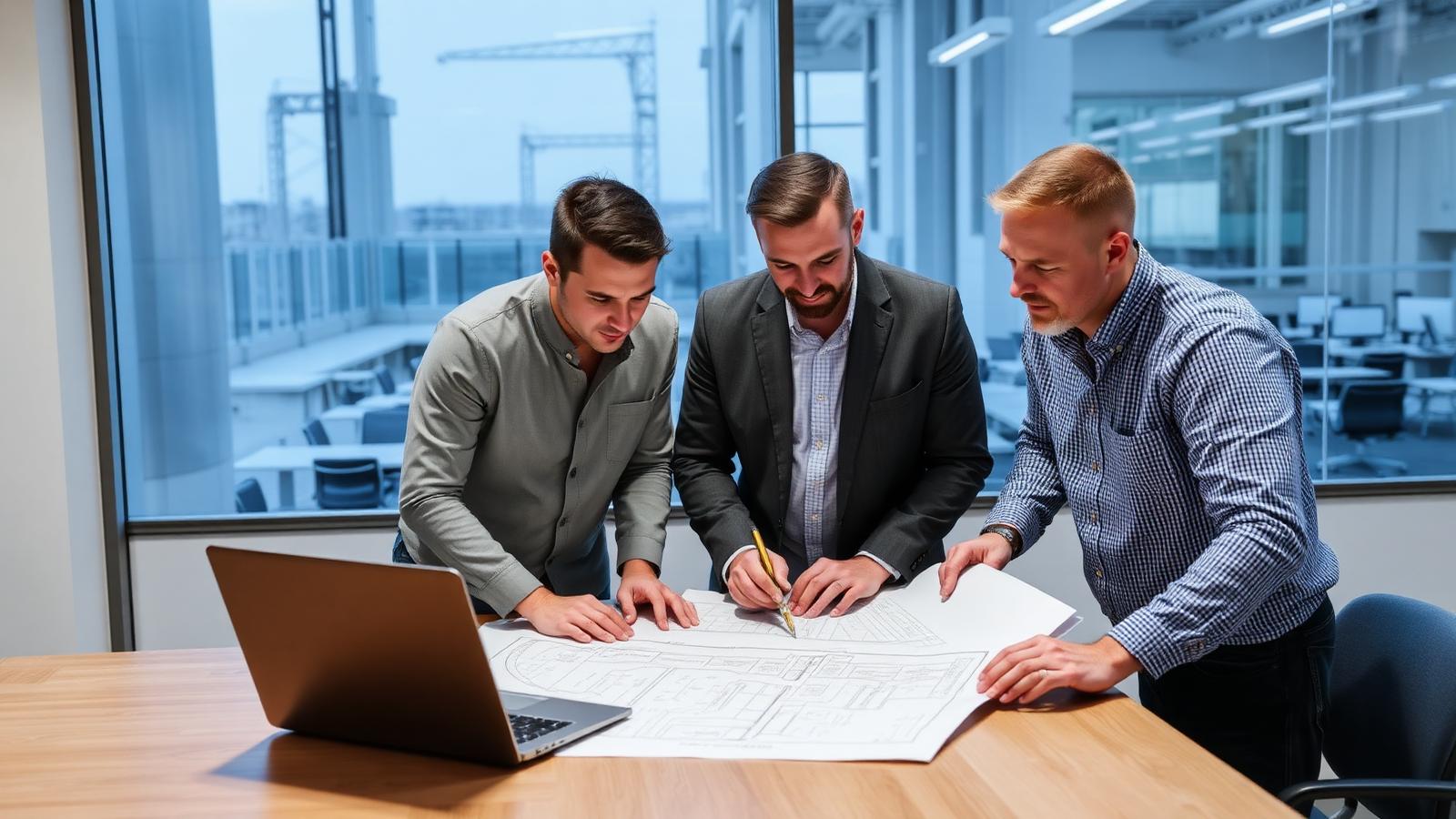 Reunião técnica entre engenheiros e arquitetos sobre pranchas de projeto